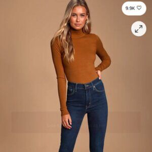 Lulus Basics Wilde Rust Orange Ribbed Long Sleeve Mock Neck Bodysuit